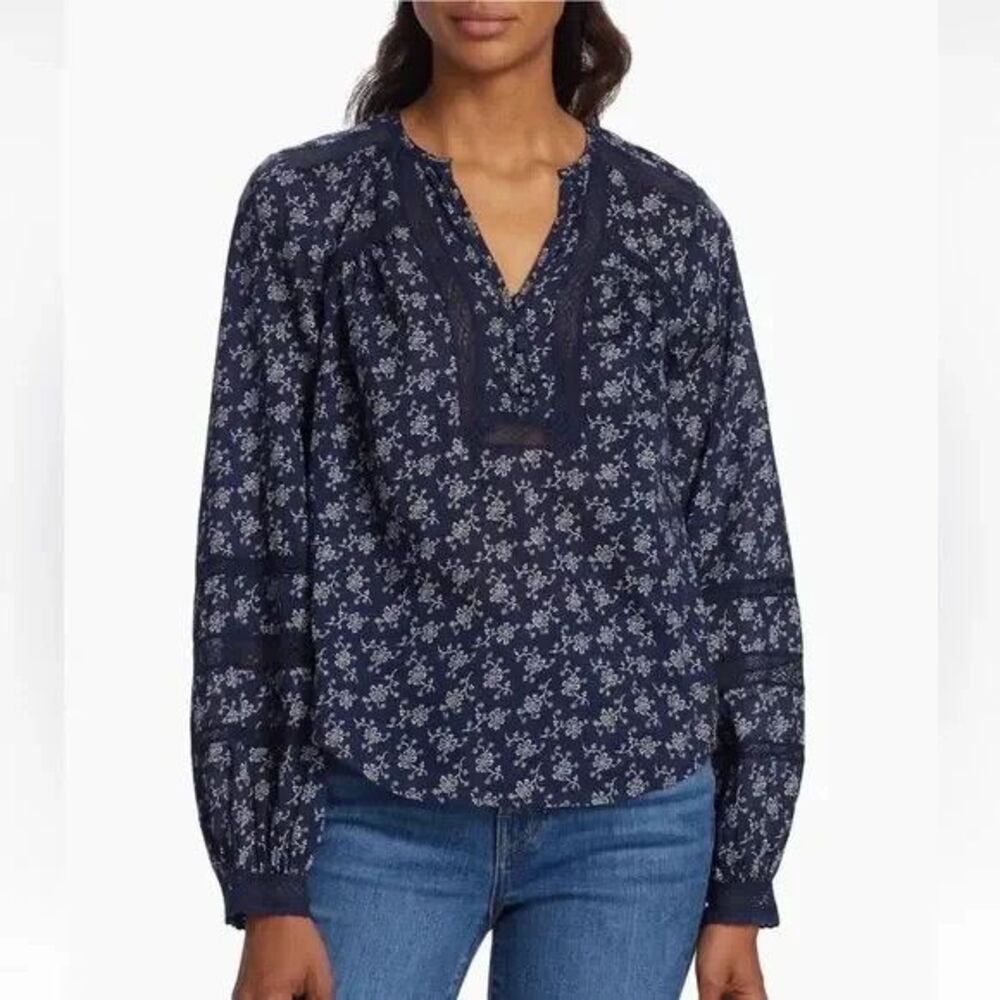 Veronica Beard Kent Boho Floral Cotton Lace Top in Marine/Off-White Size 8 Boho